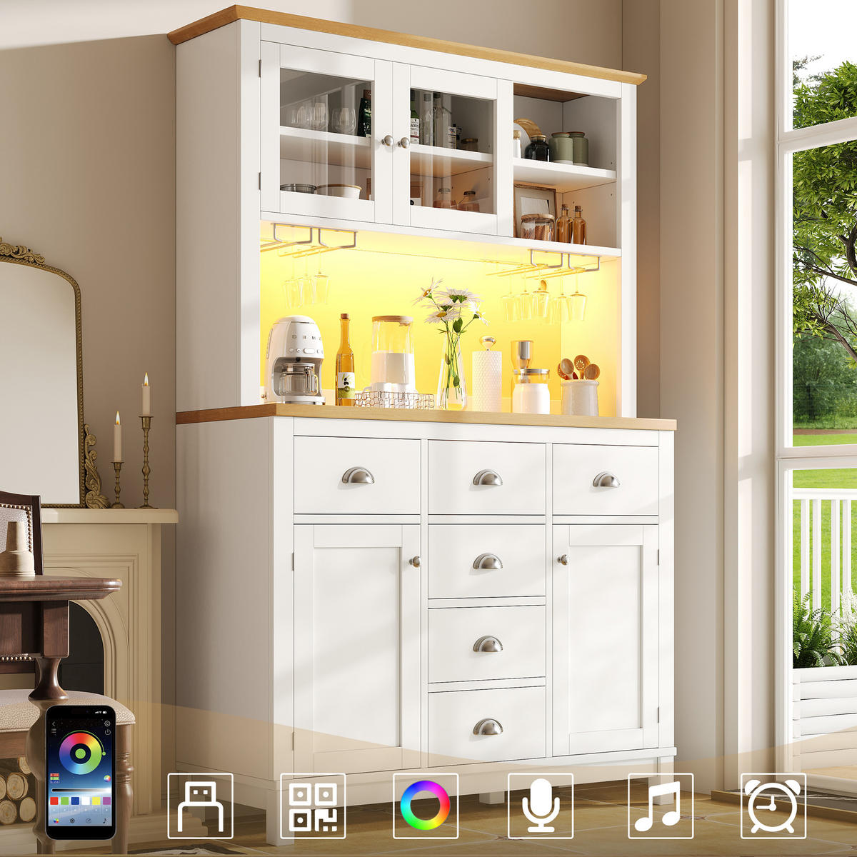 BUFFET Buffet MDF LED App Steuerung Stauraum Anti Kipp Schrank Retro Design 104/40/180 - Weiß, Glas/Holzwerkstoff (104/180/40cm) - EVRYAE