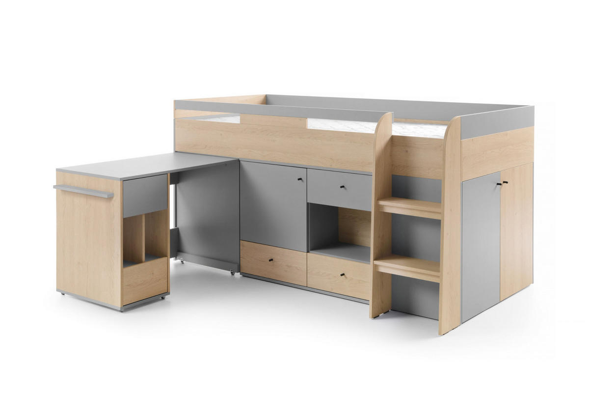 FUNKTIONSBETT OLAF 08 90/200 in Platin Grau / Biskuit Eiche - Eichefarben/Grau, Holzwerkstoff (90/200cm) - Deine Möbel 24