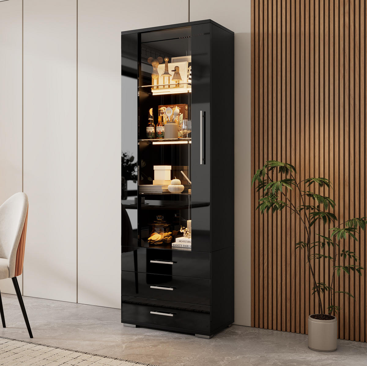 VITRINE 60/35/180 cm Schwarz aus MDF mit LED-Beleuchtung - Schwarz, Holzwerkstoff (35/180/60cm) - OKMYHOME