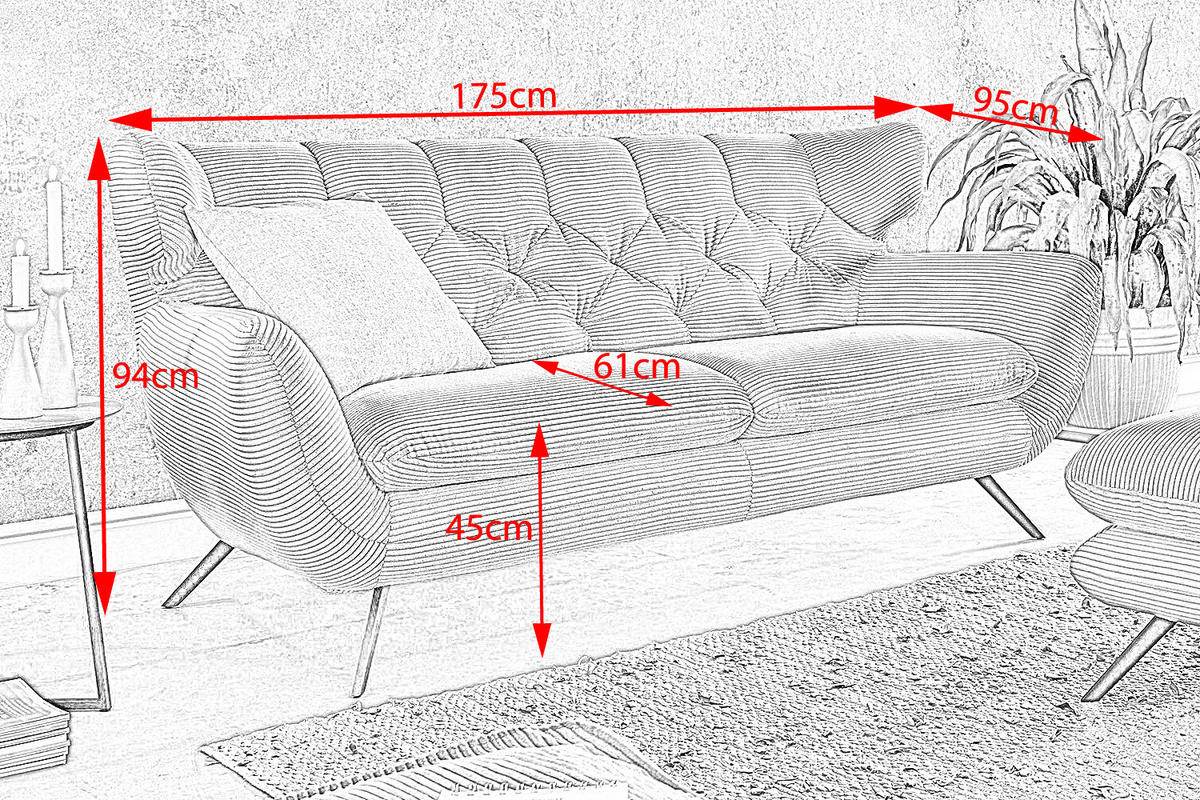 SOFA CHARME Taupe Cord - Taupe/Schwarz, Textil/Metall (175/94/95cm) - KAWOLA