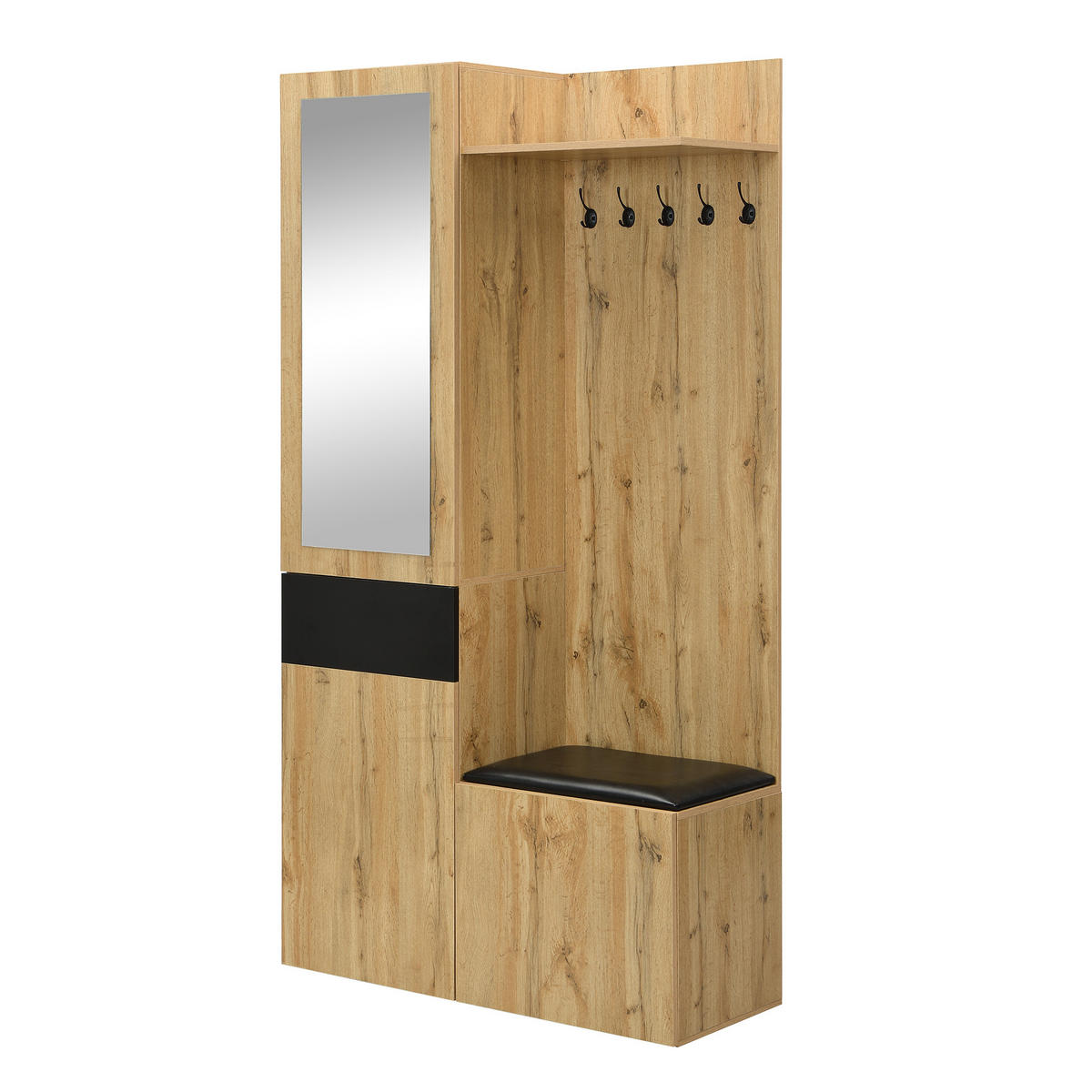 DIELENGARDEROBE mit Spiegel und Schuhablage 98,5/38/191 cm in Schwarz/Natur - Schwarz, Holzwerkstoff (98.5/191/38cm) - BEAOK