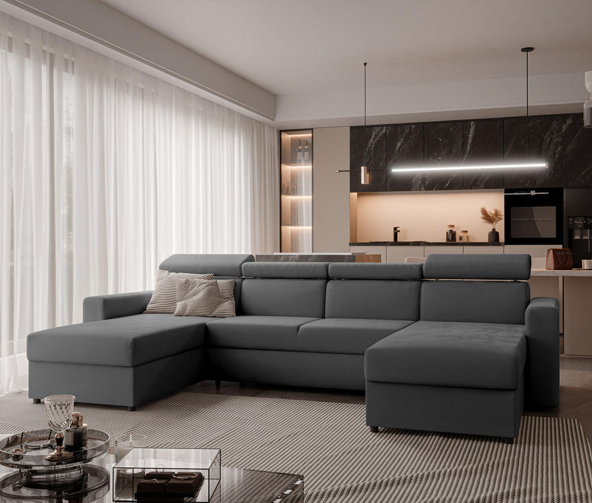 WOHNLANDSCHAFT BENI U II mit verstellbaren Kopfstützen und Schlaffunktion, Farbe: Grau - Schwarz/Grau, Kunststoff/Textil (302/60/166cm) - Idohome
