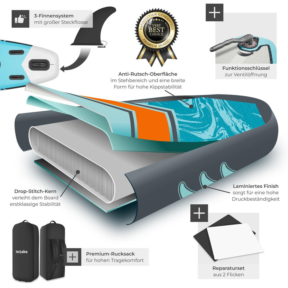STAND UP PADDLE BOARD Palagios, Belastbarkeit 200 kg, inklusive Kajak-Sitz, türkis/orange - Türkis, Kunststoff (320/84/0.4cm) - tectake