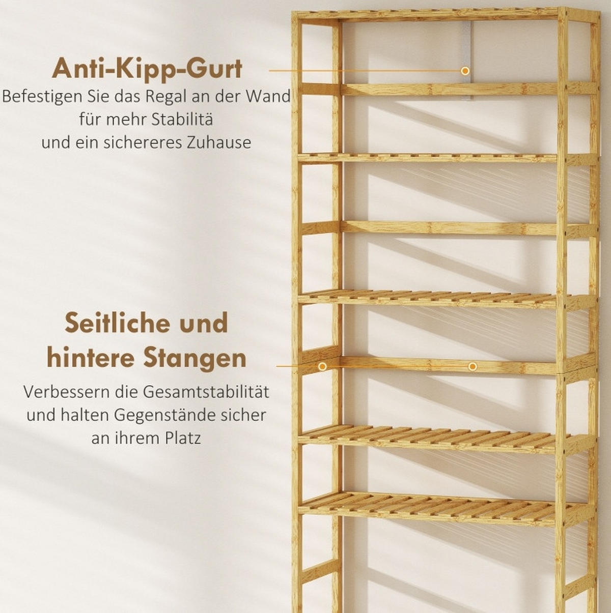 STANDREGAL 60/26/161 cm mit 6 Ebenen, verstellbaren Böden und Kippschutz, Bambus Natur - Naturfarben, Naturmaterialien (60/161/26cm) - Redom