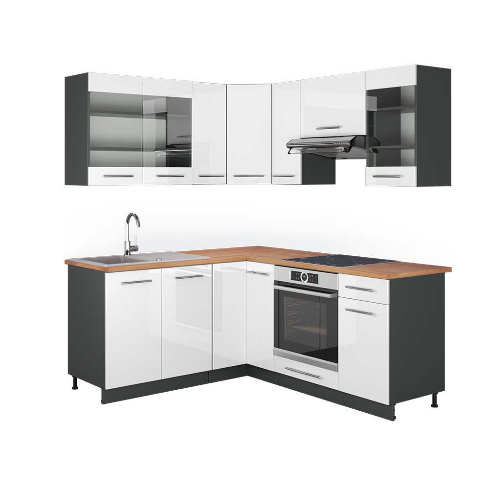 ECKKÜCHE Fame-Line Weiß Hochglanz/Anthrazit 160 x 190 cm, AP Eiche - Weiß Hochglanz/Anthrazit, Holzwerkstoff (190/81.6/60cm) - Vicco
