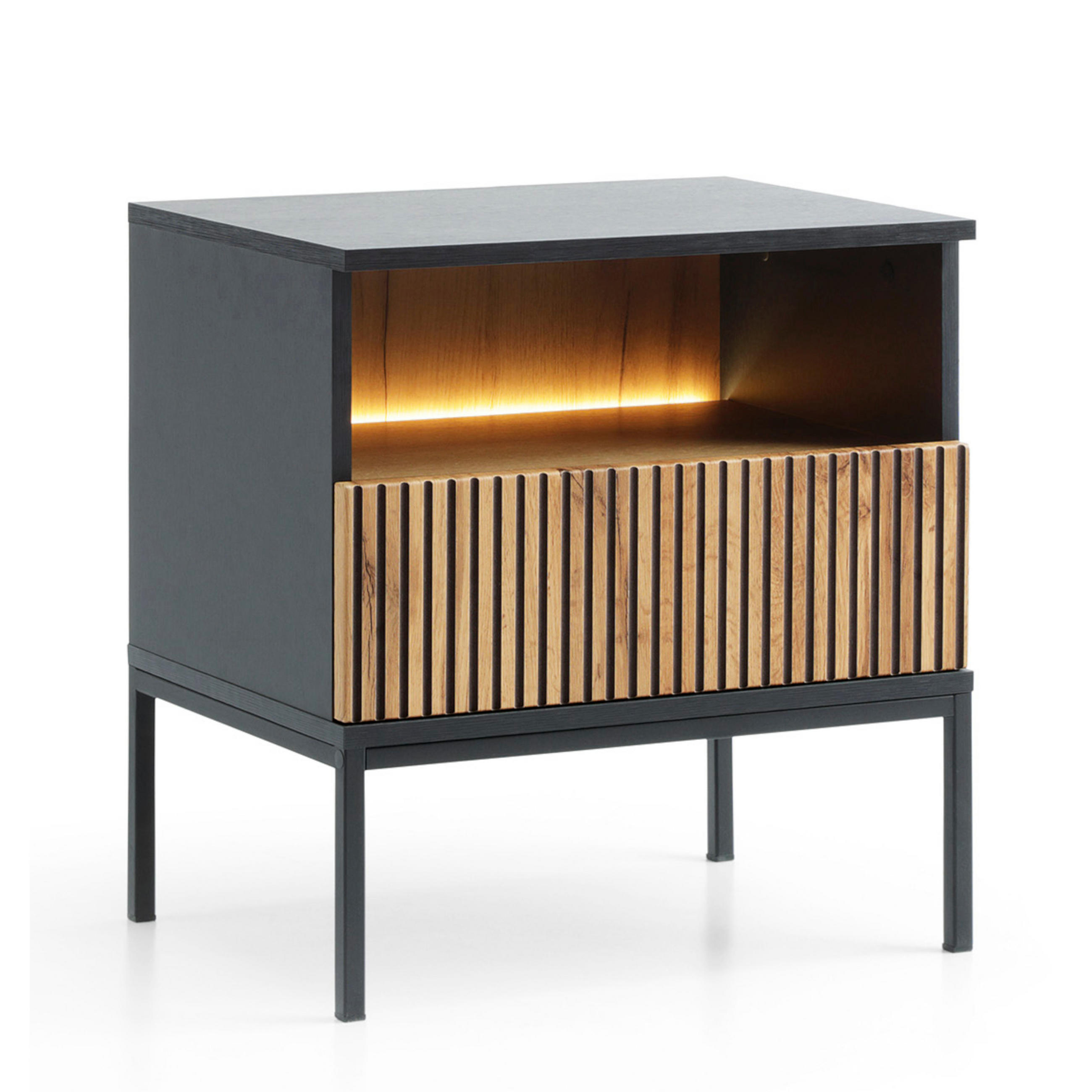 NACHTTISCH Laval ST97 LED Beleuchtung, Eiche, Schwarz - Eichefarben/Eiche Artisan, Holzwerkstoff/Metall (54/56/39cm) - Komodee