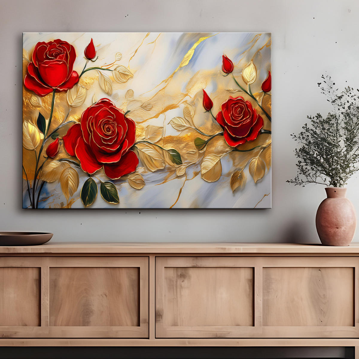 WANDBILD rosen goldblumen marmorhintergrund - Rot, Textil (60/40cm) - Feeby