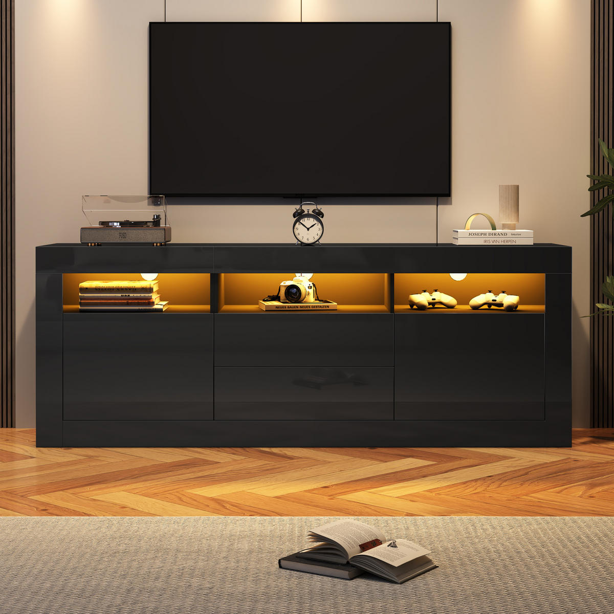 TV-SCHRANK aus Spanplatte 160x35x60 cm Schwarz mit LED-Beleuchtung, App-Steuerung und viel Stauraum - Schwarz, Holzwerkstoff (160/60/35cm) - Modfu