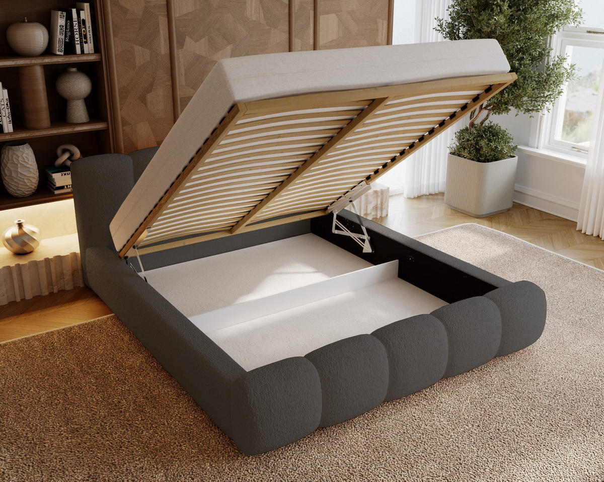 POLSTERBETT bouclé 200x200 Ravello mit Bettkasten, Lattenrost, Grau - Grau, Holz/Textil (200/200cm) - Emporius