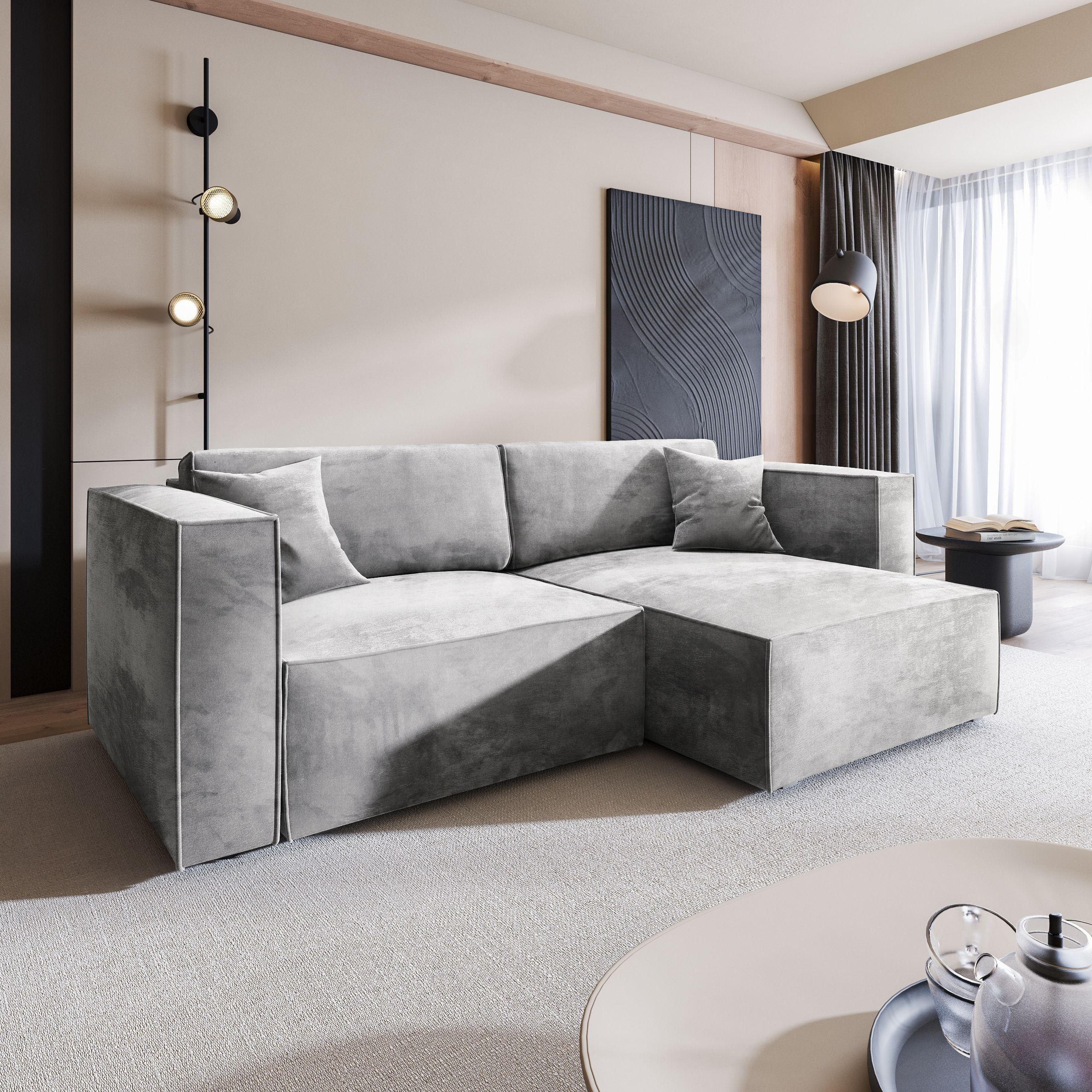 ECKSOFA NERIO M Hellgrau Velours-Stoff mit Schlaffunktion - Hellgrau, Holz (245/148cm) - MASSENO