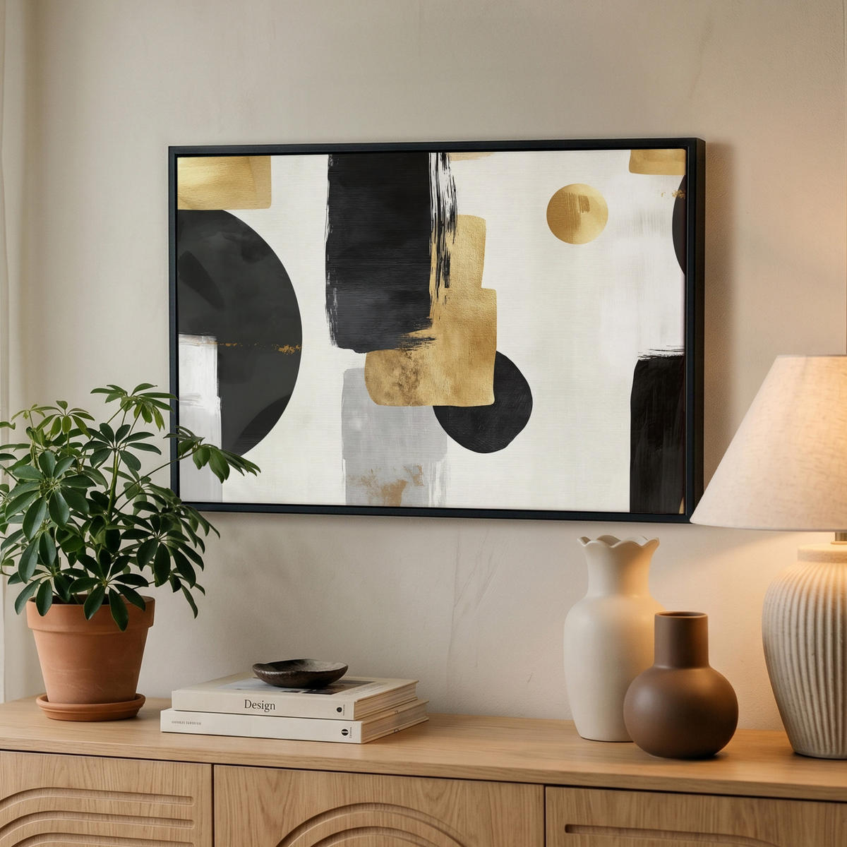 LEINWAND Bilder mit Rahmen - Gold - Rechtecke - Kreise - Abstrakt - 60x40 - Weiß, Textil (60/40cm) - MuchoWow