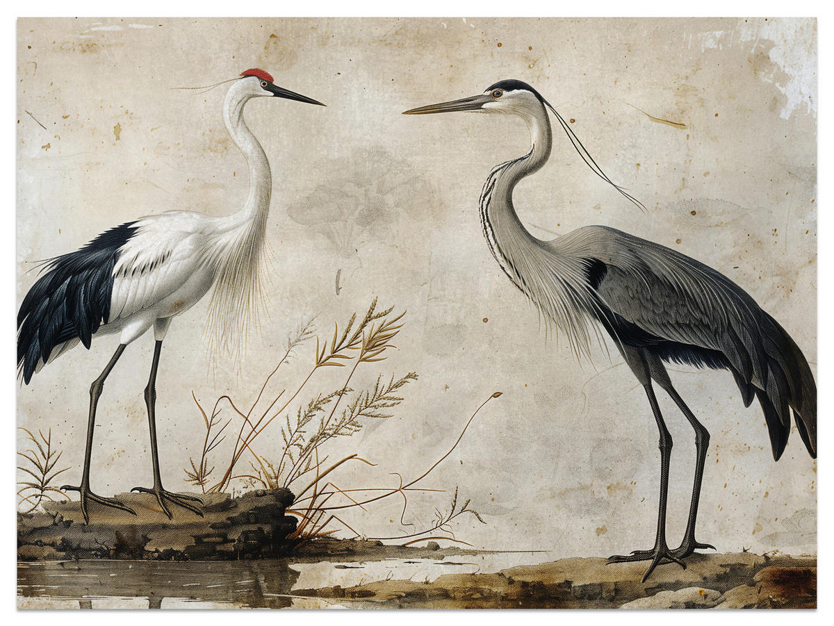 FOTOTAPETE Vögel Vögel Kranich Reiher Retro Stil 200x140 - Beige/Rot, Papier (200/140cm) - Muralo