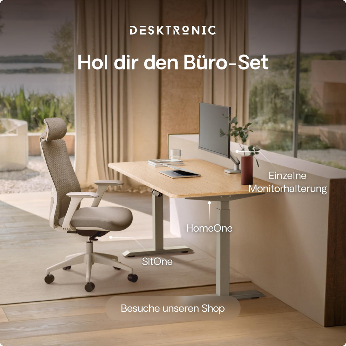 SCHREIBTISCH Elektrisch Höhenverstellbarer HomeOne 120x60cm Grau/Bambus mit Memory-Funktion, Anti-Kollisions Technologie - Hellgelb/Grau, Holz (60/120/72cm) - Desktronic