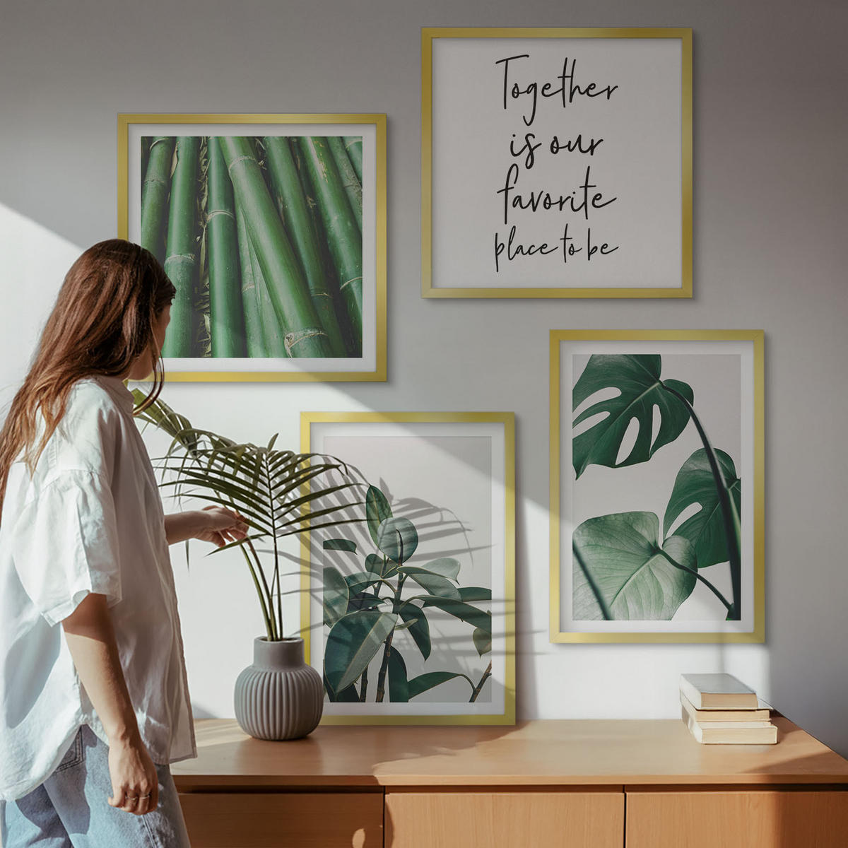 BILDER SET 4er Set - 50x50 cm & 40x60 cm Goldrahmen - Bambusblätter - Goldfarben, Kunststoff (50/50cm) - TULUP