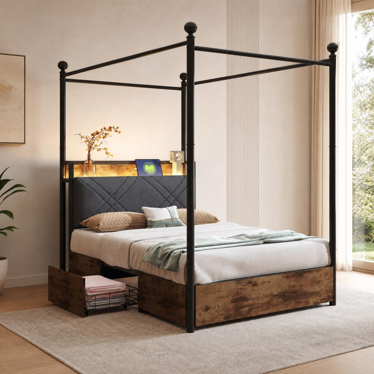 METALLBETT 90/190 mit LED, USB/Type-C und 2 Schubladen in Schwarz und Natur - Schwarz, Holzwerkstoff/Metall (90/190cm) - EVRYAE