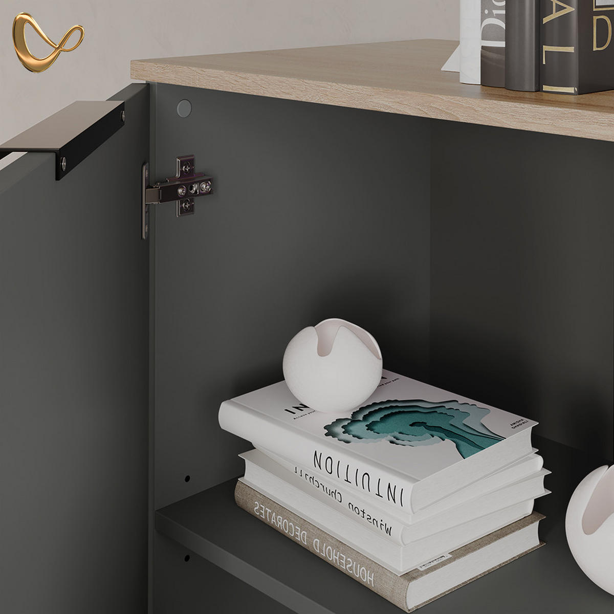 KOMMODE Piave Anthrazit mit Regal - Anthrazit, Holzwerkstoff (50/80/40cm) - Livinity®