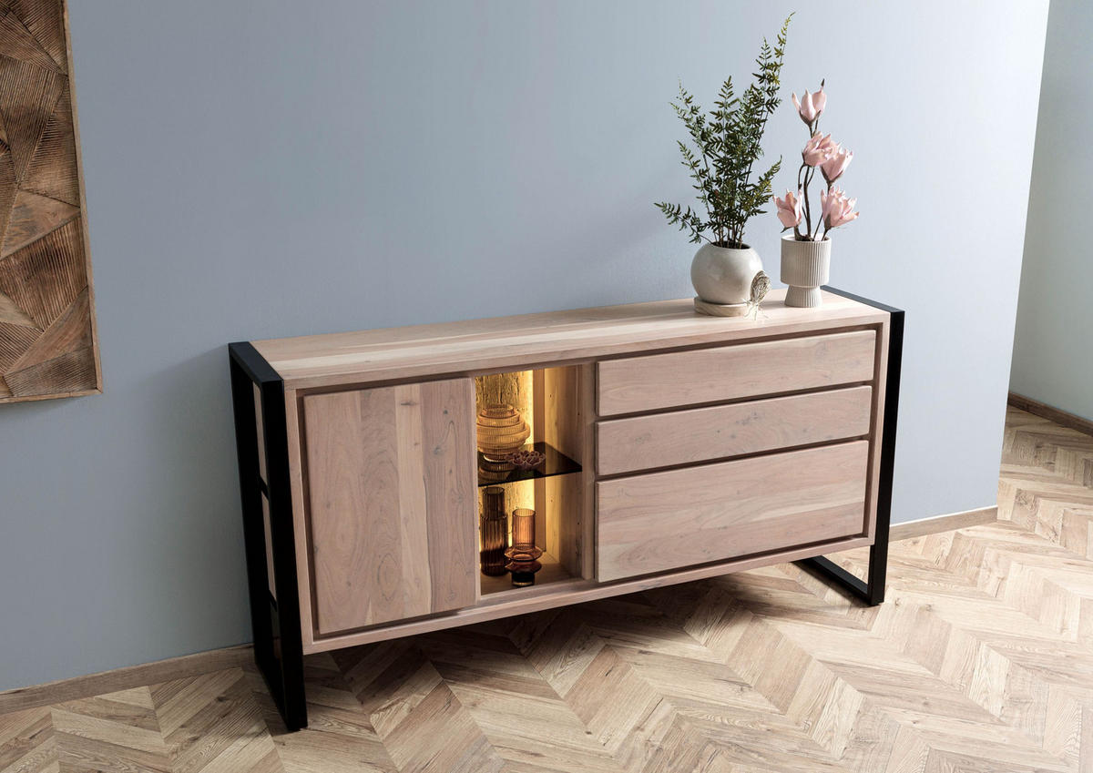 SIDEBOARD Akazie / Altholz 180x40x90 natur lackiert DENVER #111 - Braun, Holz (180/90/40cm) - Massivmoebel24