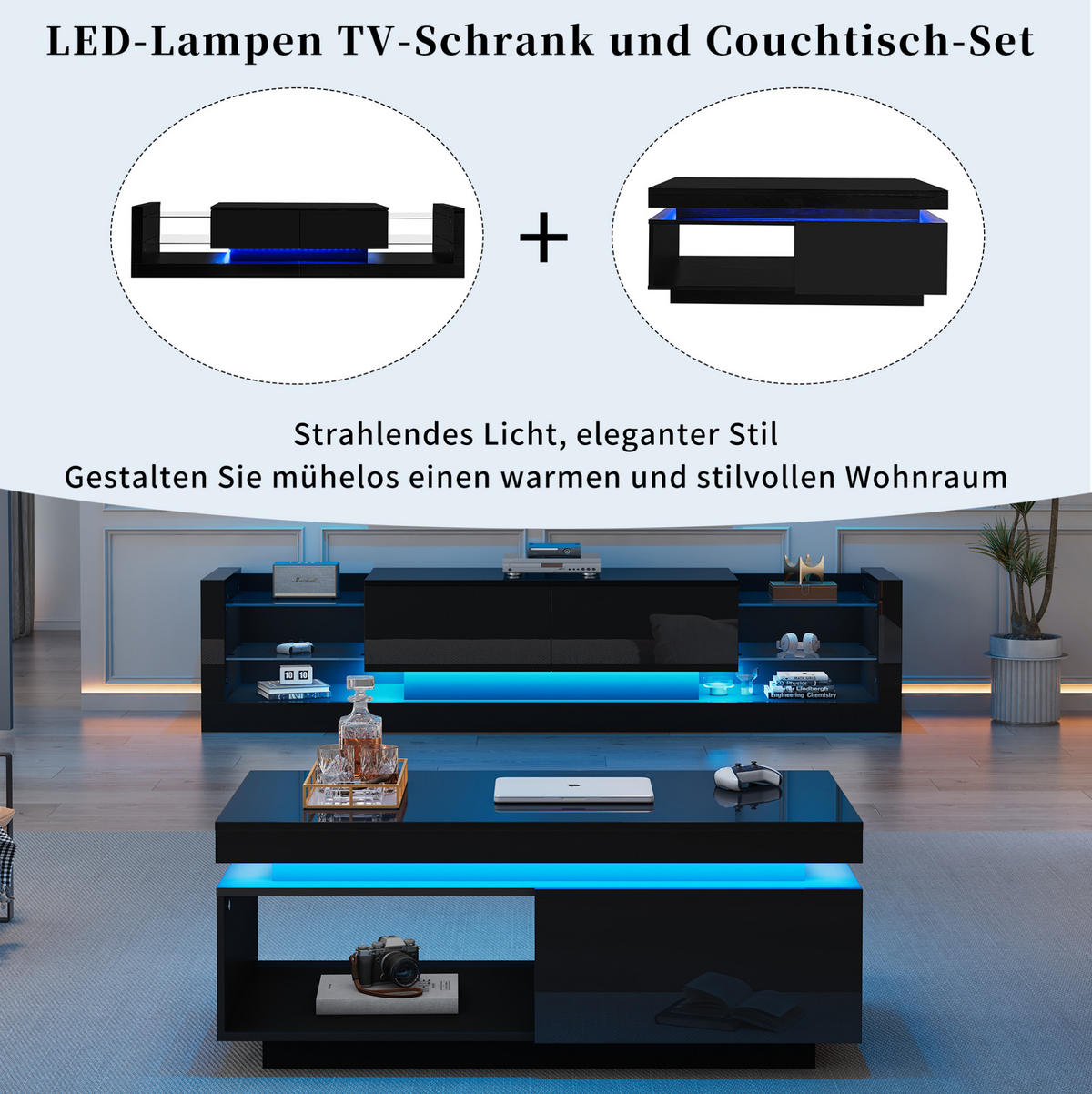 TV-SCHRANK-SET mit Couchtisch in Hochglanz Schwarz mit LED 181/38/38 cm + 100/50/40.3 cm - Schwarz, Holzwerkstoff (181/38/38cm) - Redom