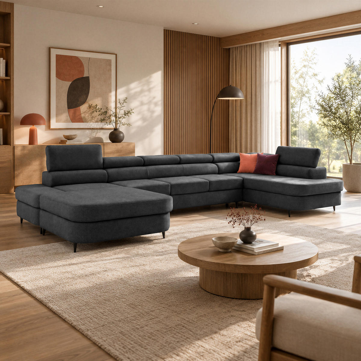 ECKSOFA U-Form PRIAM MAXI U Rechts mit Schlaffunktion 125x317 Velours Dunkelgrau - Dunkelgrau/Schwarz, Holz/Textil (400/91/203cm) - Muffo
