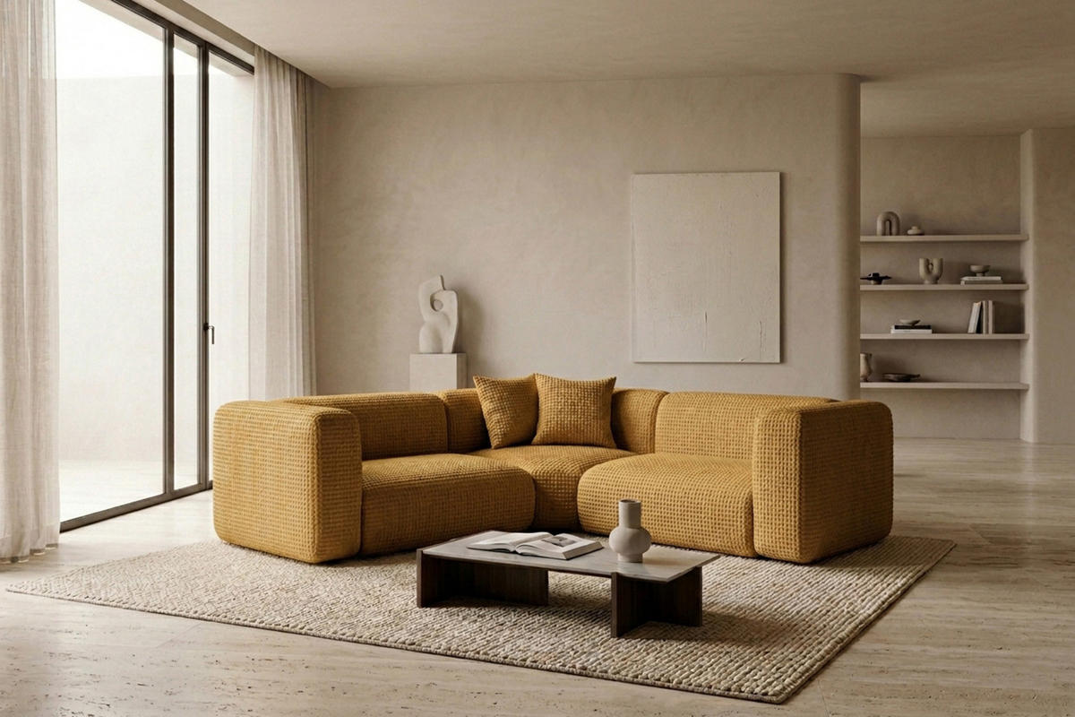 ECKSOFA Modulares, Corner mini, Chenille-Stoff Cremona, Golden, GRETA - Goldfarben, Holz (380/190cm) - Kaiser Möbel