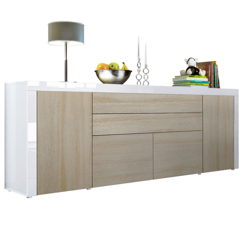 SIDEBOARD La Paz Eiche sägerau / Weiß Hochglanz - Eiche San Remo, Holzwerkstoff (200/72/35cm) - Vladon