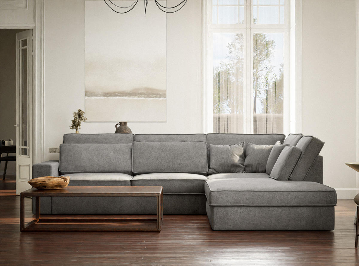 ECKSOFA Kirou Grau Chenille-Stoff - Rechts Seite - Schwarz/Grau, Holz/Holzwerkstoff (311/225cm) - Maison de Reve