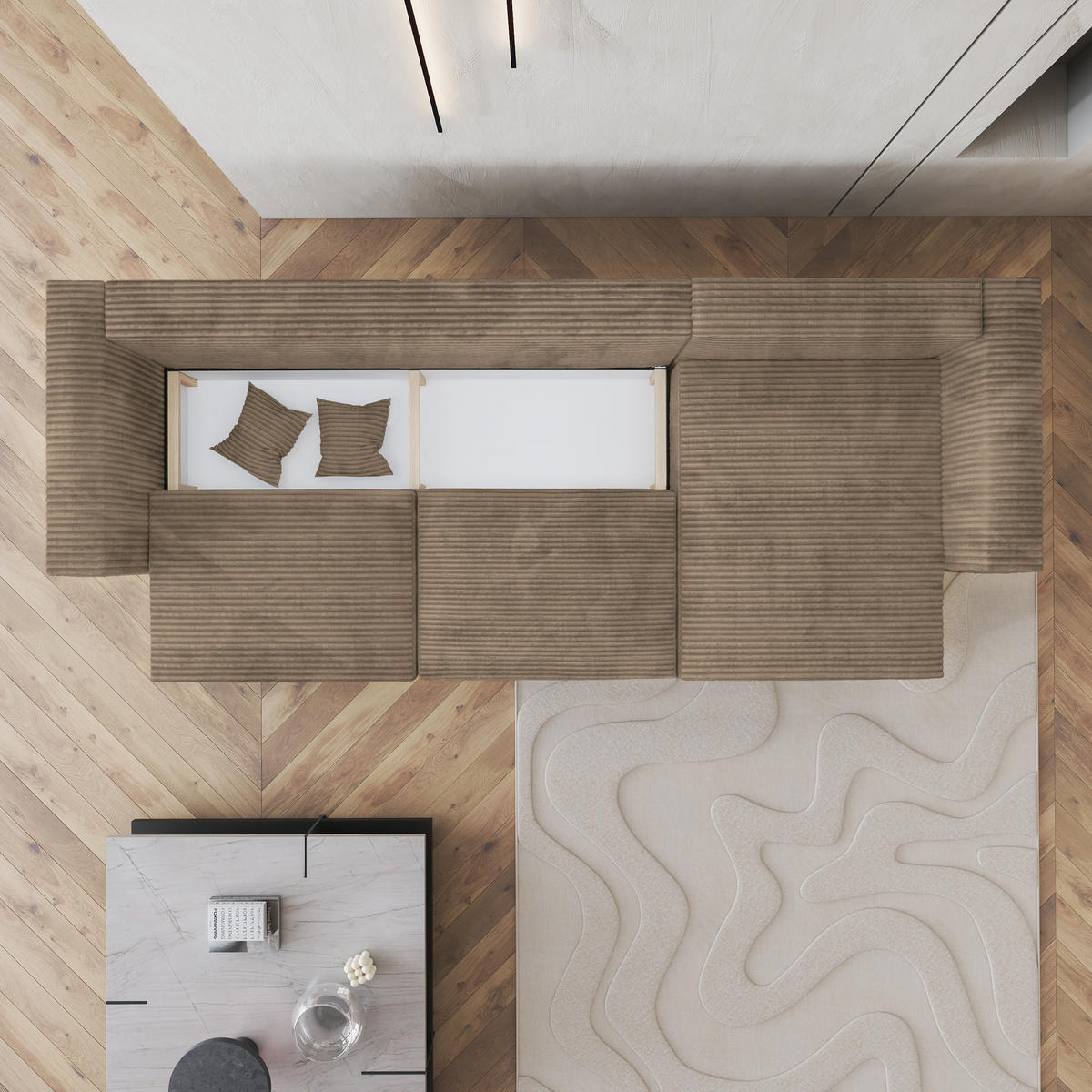 ECKSOFA TOLMO Beige Kordstoff mit Schlaffunktion - Beige, Holz (347/148cm) - MASSENO