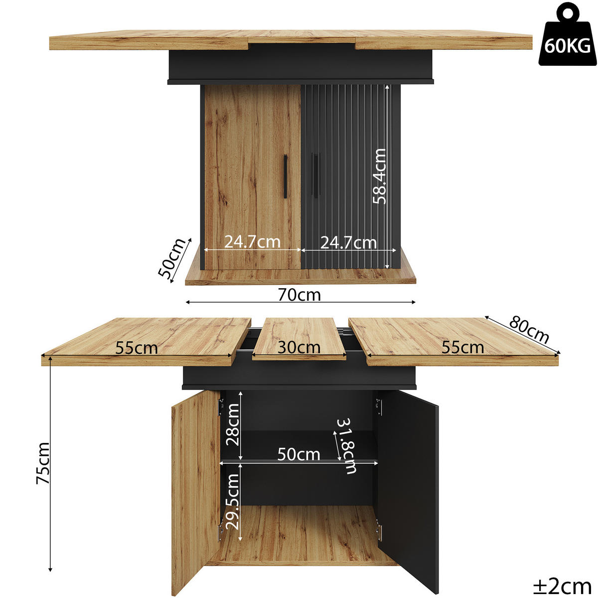 JÍDELNÍ stůl 110-140/80/75 cm černá/přírodní z MDF s výsuvnou deskou a úložným prostorem - černá, kompozitní dřevo (110/80/75cm) - OKWISH