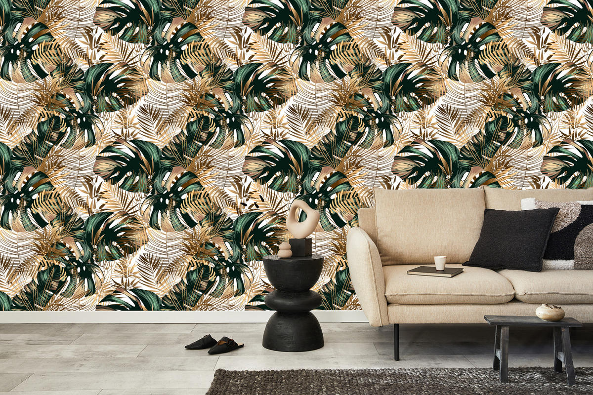 VLIESTAPETE Tropische Blätter – Goldfarben, Grün, Weiß – 50x1000 cm - Goldfarben/Weiß, Papier (50/1000cm) - Muralo