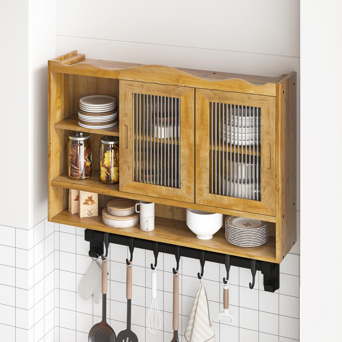 HÄNGESCHRANK 90/20/60 cm natur aus Massivholz und Glas mit Schiebetüren - Naturfarben, Glas (90/60/20cm) - OKWISH