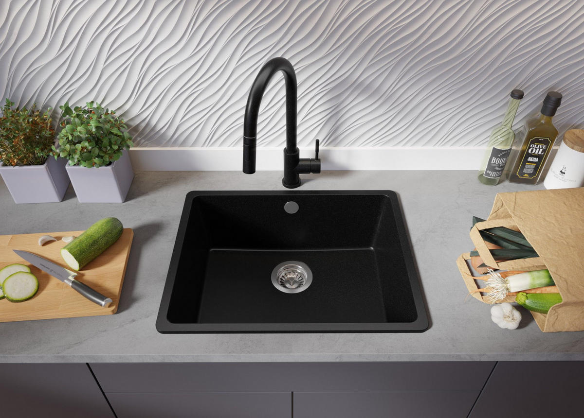 SPÜLBECKEN Venedig Slim Easy, 2-er set Alles Schwarz 56/44 cm 1 Becken + Ablauf-Set ab 60er Unterschrank - Schwarz, Kunststoff (56/20/44cm) - Primagran