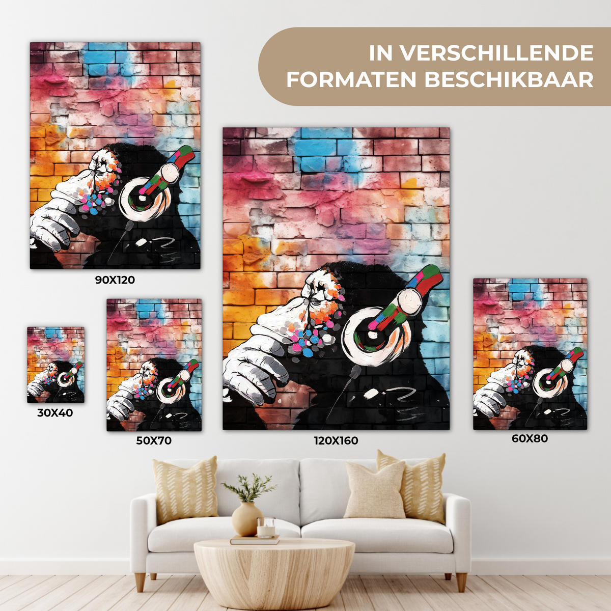 LEINWANDBILD Affe - Graffiti - Musik Wandbild Wohnzimmer 60x80 cm - Multicolor, Textil (60/80cm) - MuchoWow