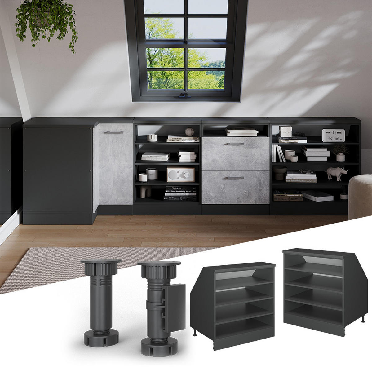 KUHINJSKI ORMAR ZA KOSINE KROVA R-Line Antracit 80 cm s 4 pretinca, korpus ormara dubine 60 cm - antracit, drvni materijal (80/83.8/60cm) - Vicco