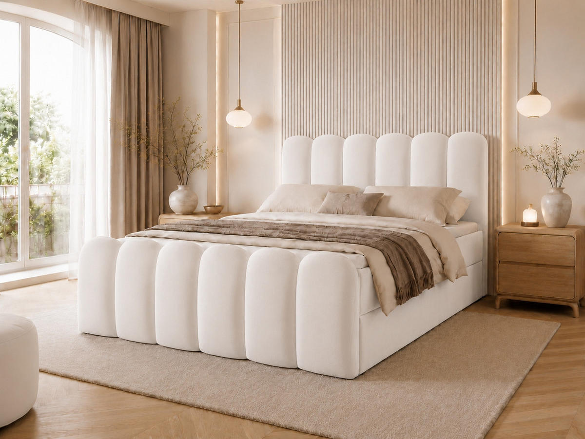 BOXBETT CUDDLE 120x200 cm in Weiß, Bettkasten, Topper, Velvet-Stoff - Weiß, Holz/Textil (120/200cm) - EMLAR Home