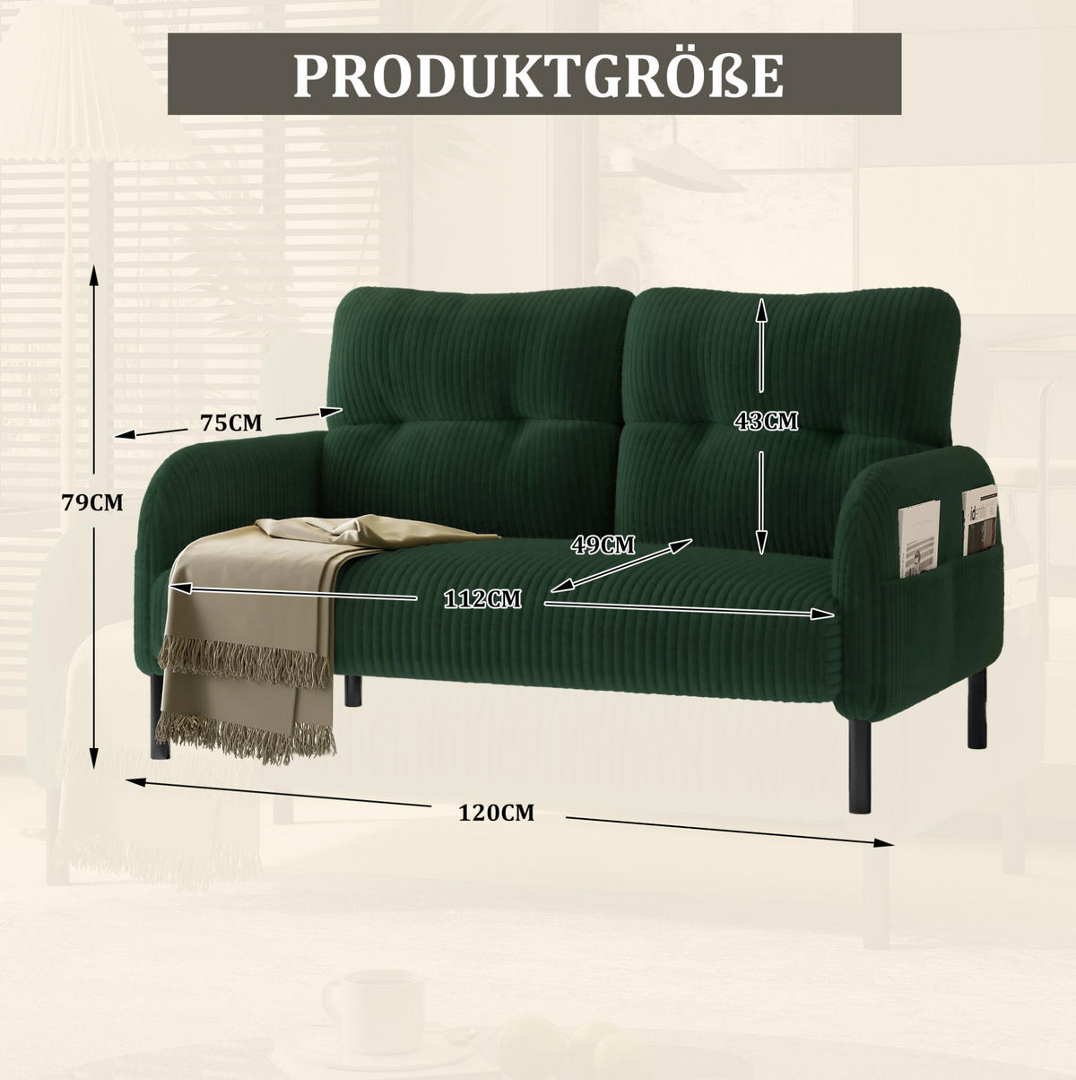 SOFA 2-Sitzer 120 x 75 x 79 cm Cord Emerald - Grün, Kunststoff (120/79/75cm) - Meubliv
