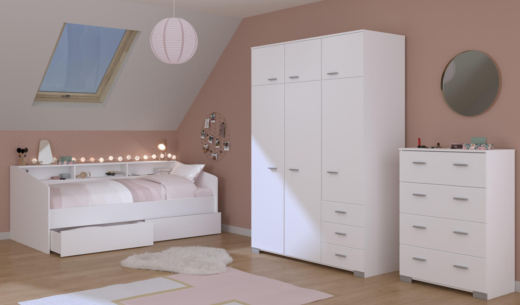 KINDERZIMMER Set 3-tlg. Kleiderschrank Kommode Bett 90x200 cm - Silberfarben/Weiß, Holz/Holzwerkstoff (206/203/113cm) - Parisot Meuble