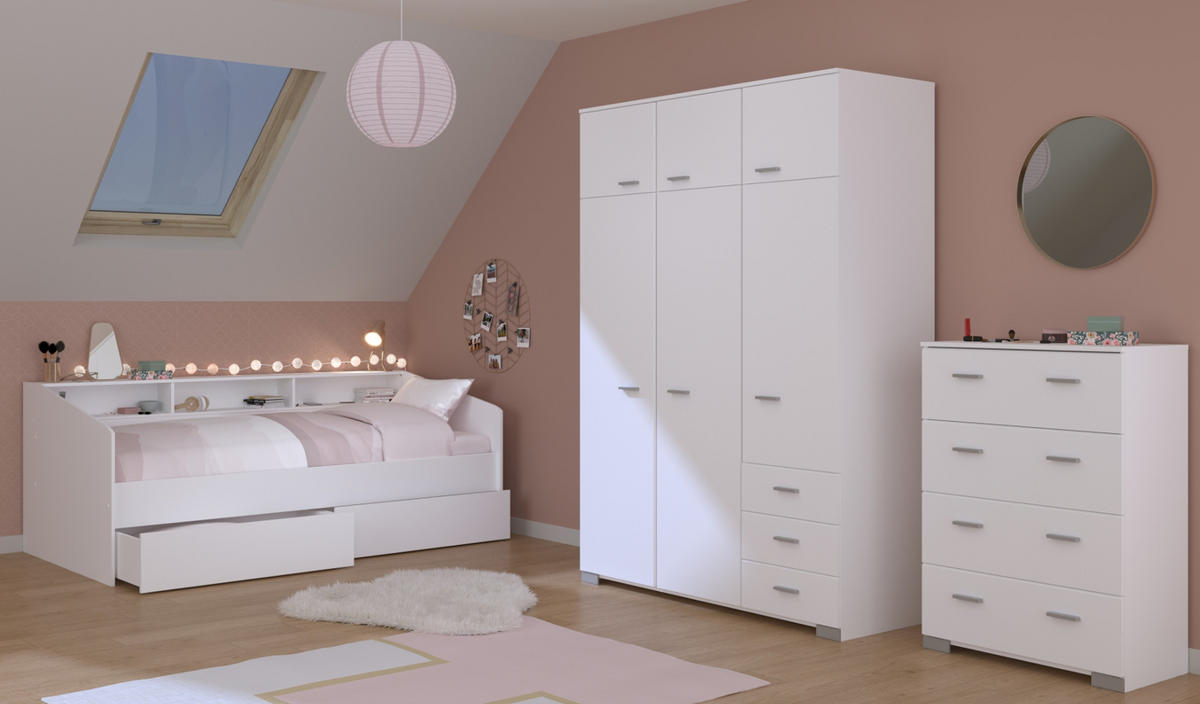 KINDERZIMMER Set 3-tlg. Kleiderschrank Kommode Bett 90x200 cm - Silberfarben/Weiß, Holz/Holzwerkstoff (206/203/113cm) - Parisot Meuble