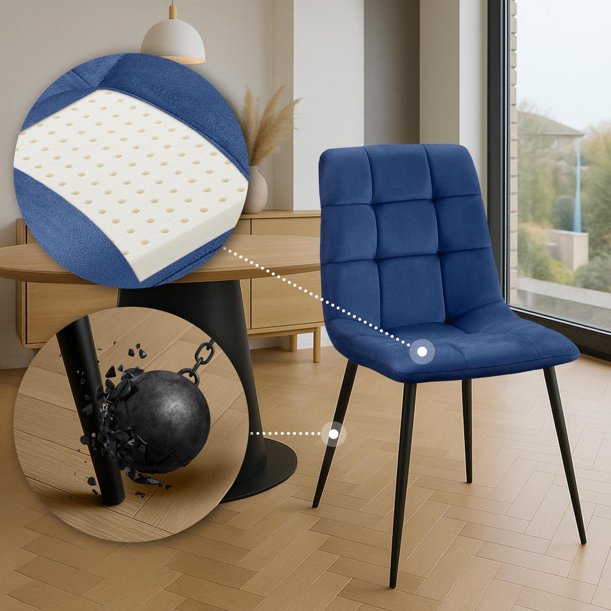 STUHL 4er Set Samt Blau - Blau/Schwarz, Textil/Metall (45/84/55cm) - CLP