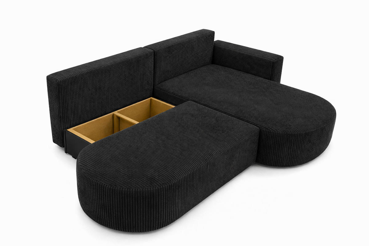 ECKSOFA Mit Schlaffunktion Und Bettkasten, Cordstoff Poso, Schwarz, Rechts, ROUND ONE OPEN XL - Schwarz, Holz (262/175cm) - Kaiser Möbel