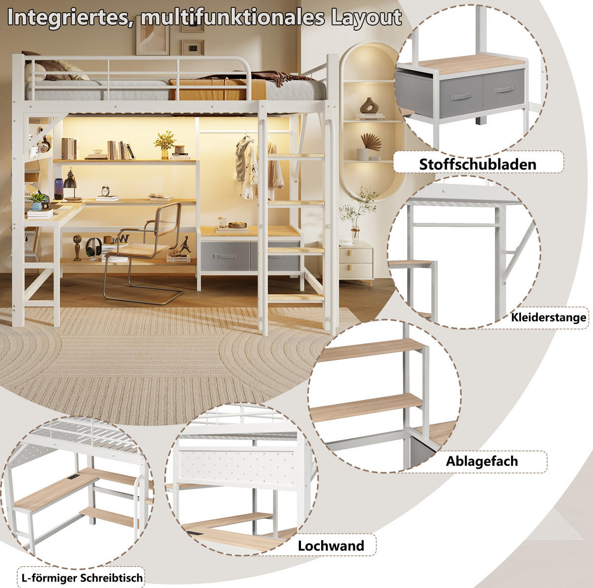 HOCHBETT aus Metall und MDF 140x200 cm Weiß mit Schreibtisch, LED-Leiste, USB und Stauraum - Weiß, Holzwerkstoff (140/200cm) - Modfu