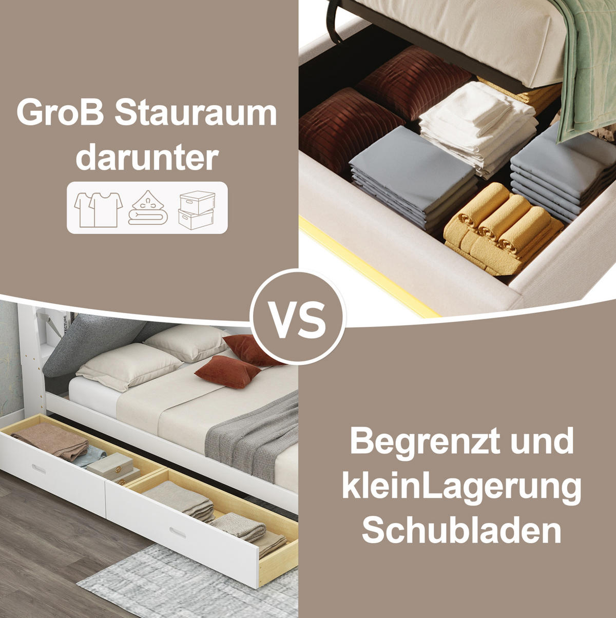 POLSTERBETT 90/200 cm mit LED-Leiste, USB, Typ-C, hydraulischem Bettkasten und Seitentaschen, Beige - Beige, Textil (90/200cm) - Redom