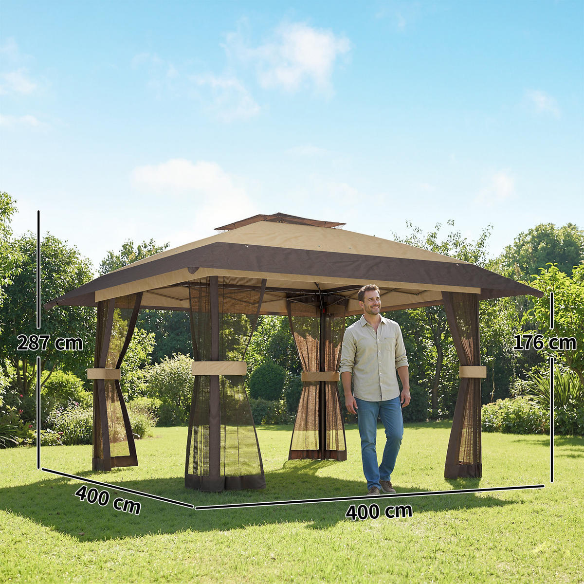 PAVILLON, faltbar, verstellbarer Höhe, Tragetasche, UPF 30+, 4x4 m ,Khaki - Braun, Metall (400/287/400cm) - Vallsero
