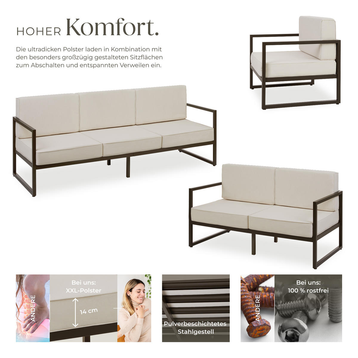 GARTEN-LOUNGESET Comosa,höhenverstellbare Füße,braun/beige - Beige/Braun, Kunststoff - tectake
