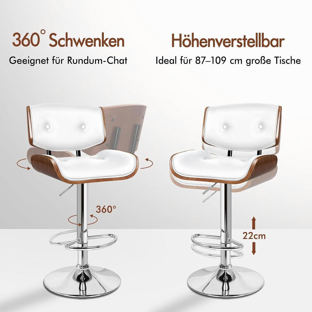 BARHOCKER Odette PU-Leder Weiß mit 360°-Drehung und Höhenverstellung - Weiß, Kunststoff (45/115.5/45cm)