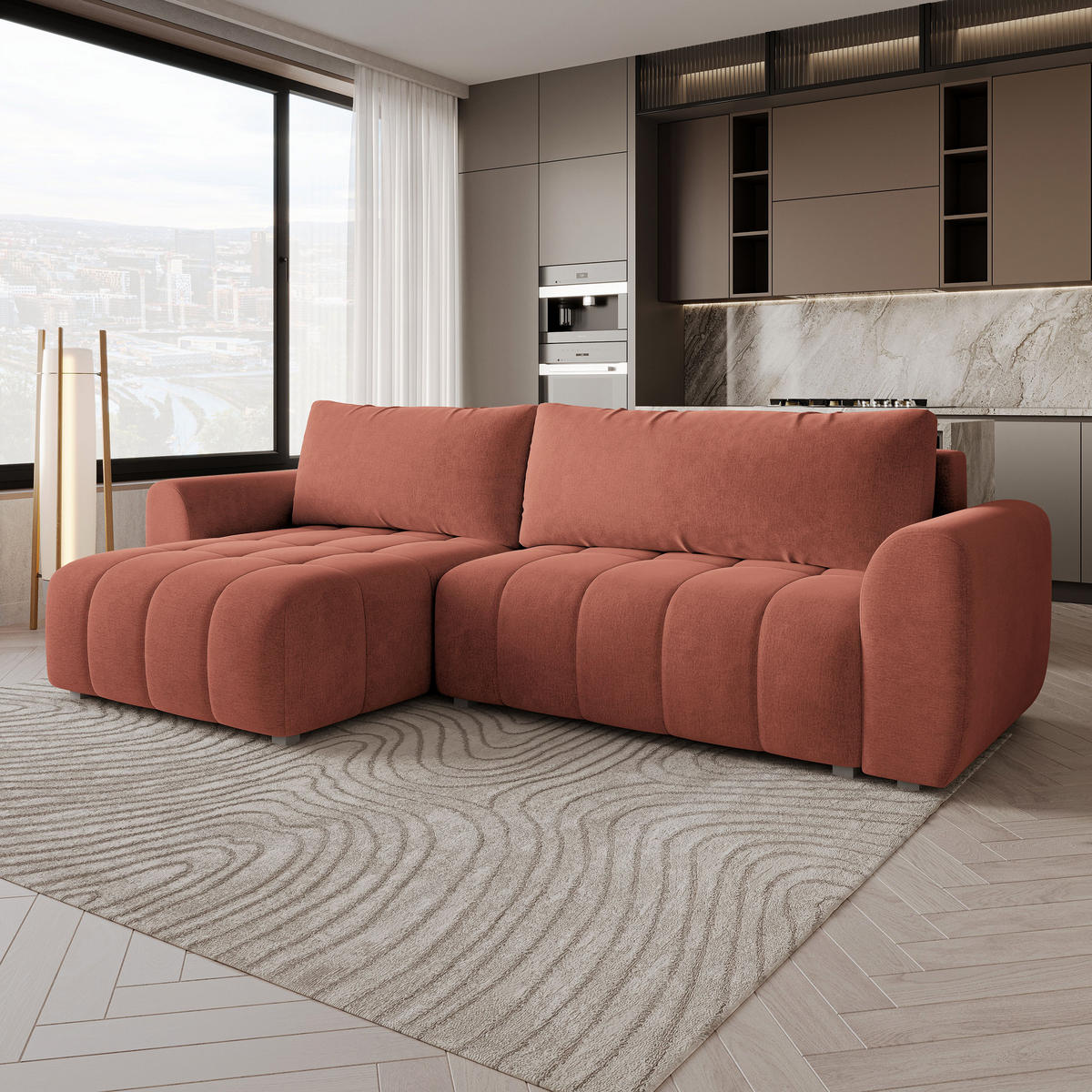 ECKSOFA MODARO CL Koralle Samtstoff mit Schlaffunktion - Koralle, Holzwerkstoff/Textil (285/148cm) - MASSENO