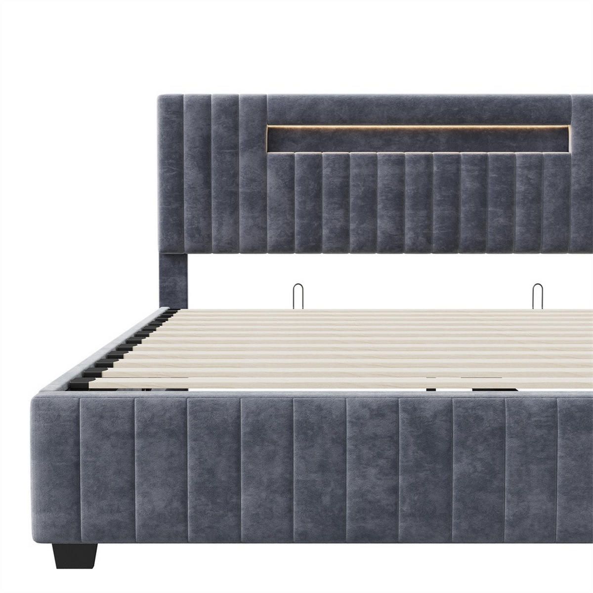POLSTERBETT 140x200 cm mit LED-Kopfteilbeleuchtung und hydraulischem Bettkasten - ohne Matratze - Grau - Grau, Textil (140/200cm) - DELFA