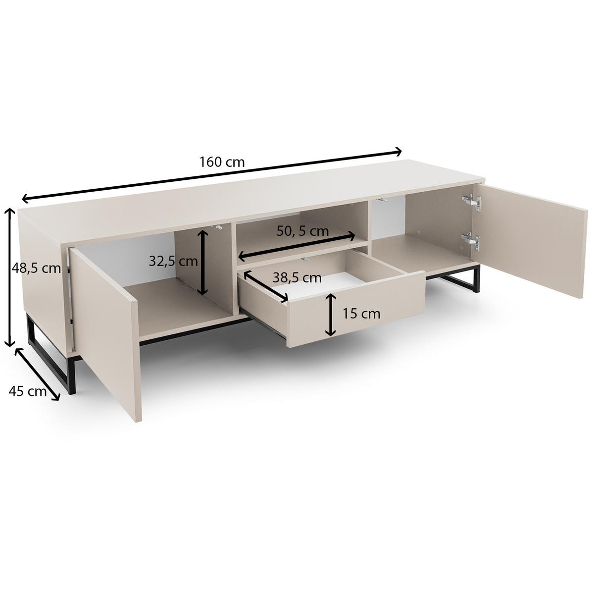 TV-ELEMENT GENUA Flaschengrün, Schwarzer Rahmen, 2 Türen, 1 Schublade - Grün, Holzwerkstoff (160/48/45cm) - Bettso