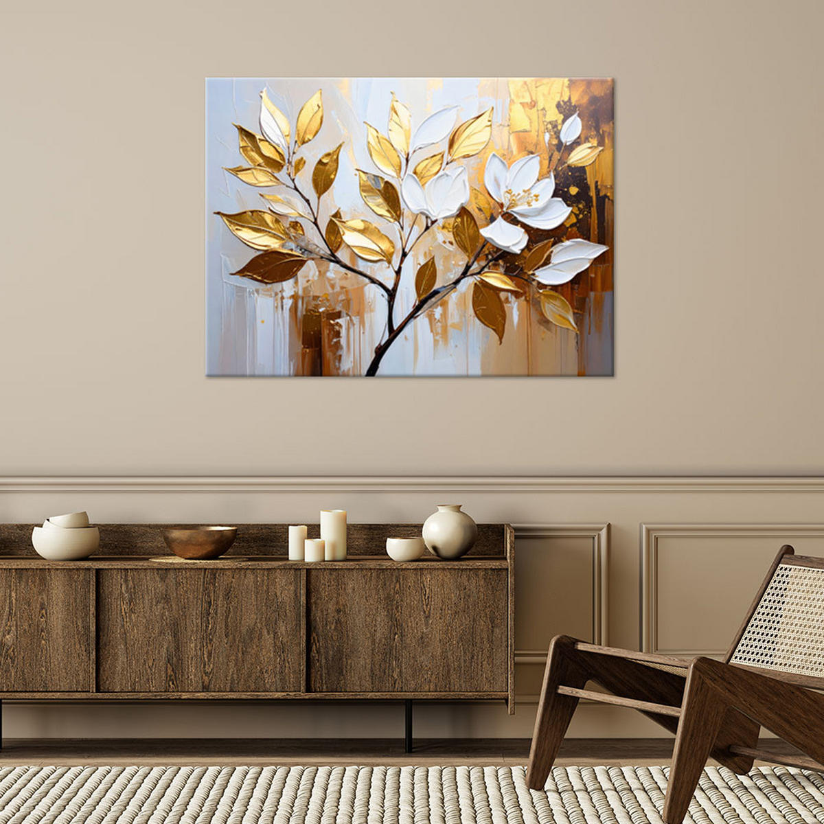 LEINWANDBILD Goldene Blätter Zweige Glamour 120x80cm - Goldfarben, Textil (120/80cm) - Feeby