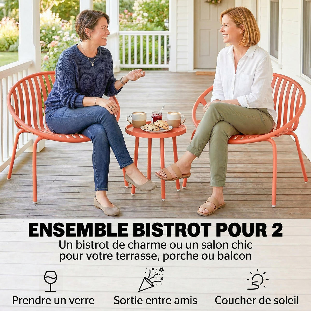 BALKONSET DE-14177 2 Sessel & Tisch, PP-Schalen Ziegelrot - Orange, Metall - ComfortXL