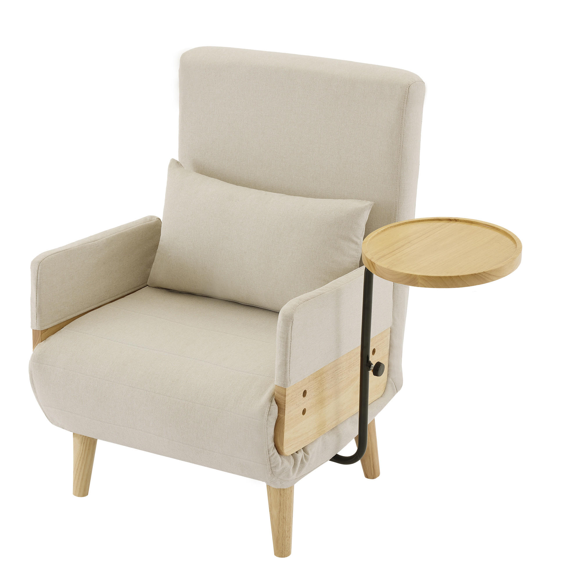 SCHLAFSESSEL Leinen Beige mit Schlaffunktion, Kissen und Holztablett - Beige/Naturfarben, Holz/Holzwerkstoff (66/88/74.5cm) - WISHDOR